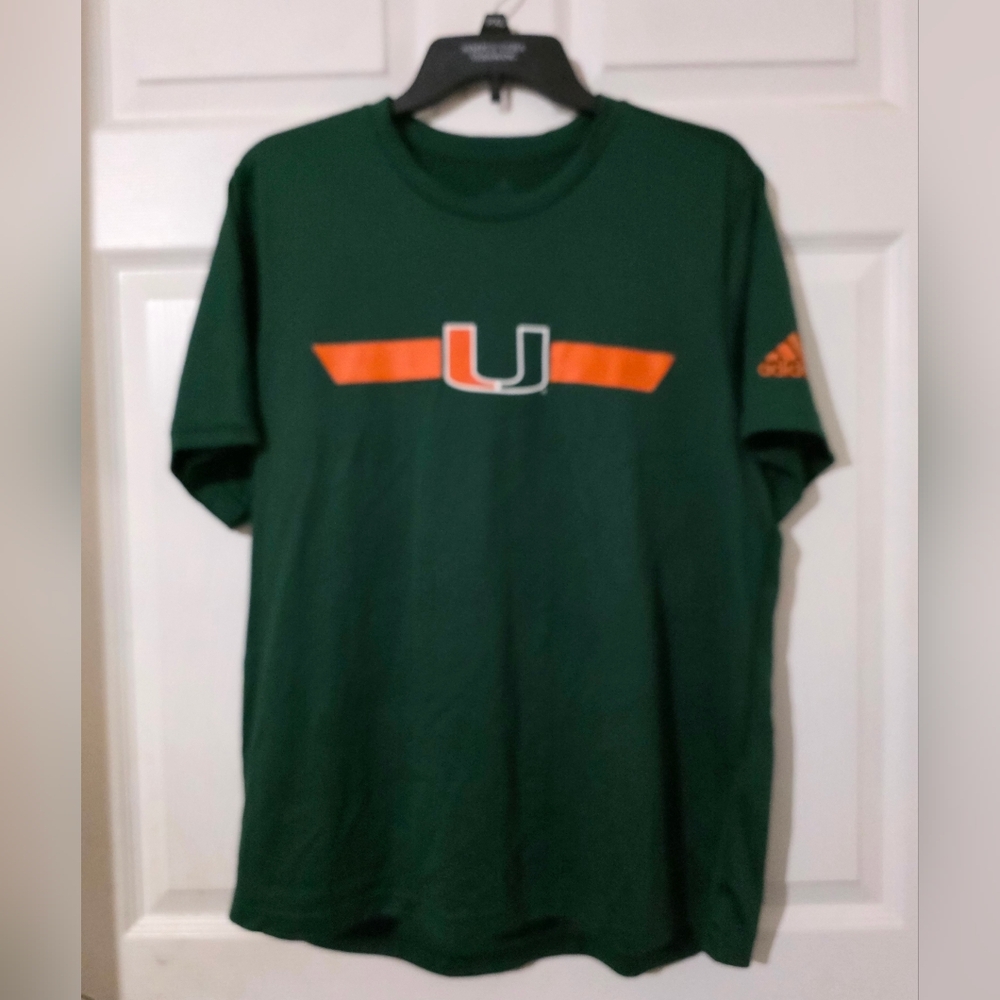 Nwt Men Size Large Adidas University Of Miami Ncaa UM Tshirt Green